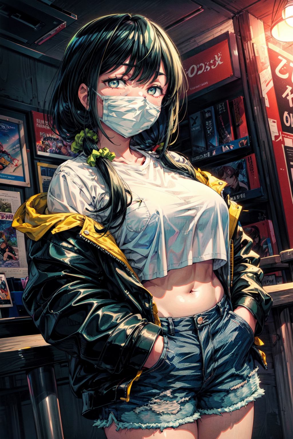 masterpiece,best quality,1girl,(solo),sssshass,black hair,surgical mask,blue eyes,bangs,long hair,low side ponytail,green ...